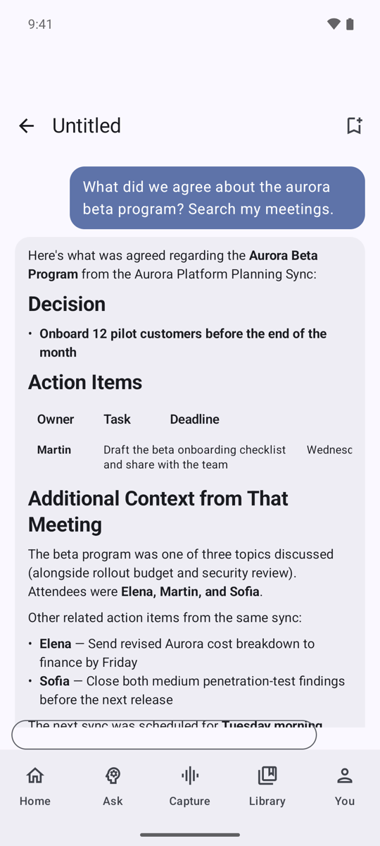 The Ask screen on Android showing a question and a structured answer with a decision, an action-items table, and additional context.