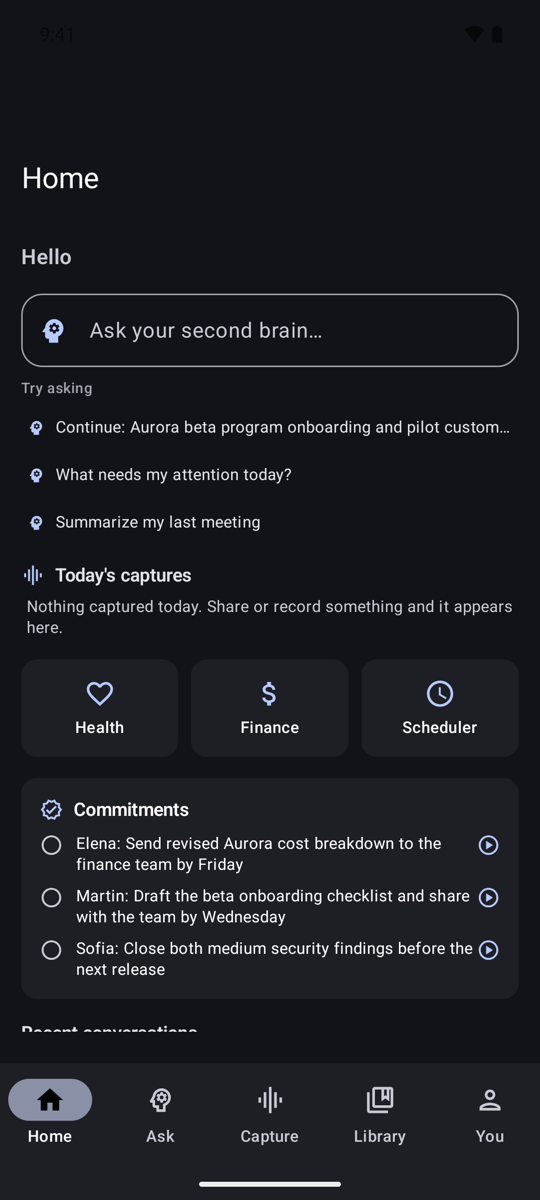 The Paredra home screen on Android at night: the ask box, life tiles, and the commitment ledger, each entry with a play control for the moment it was said.