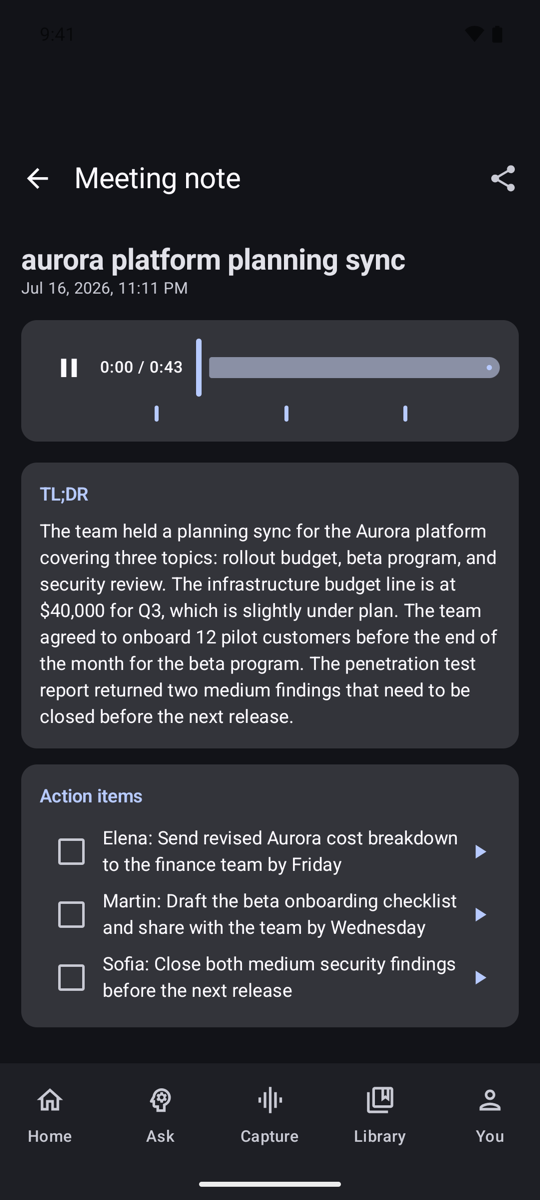 A meeting note on Android in dark mode: audio player with chapter ticks, TL;DR card, and action items with per-item replay.