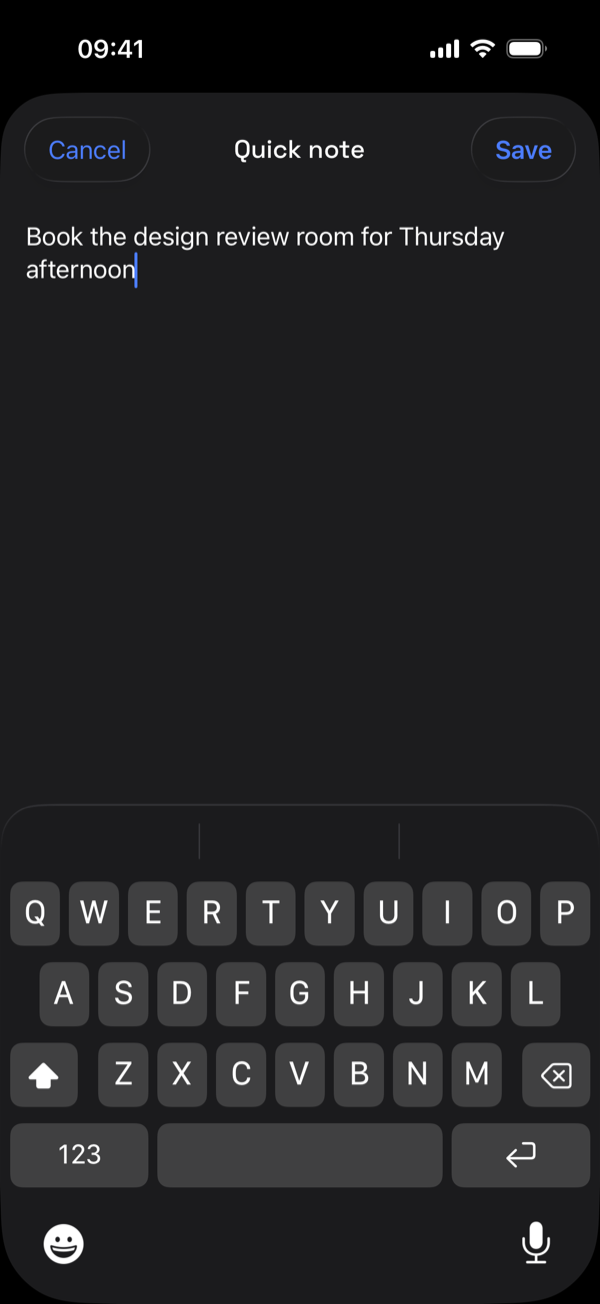 The iPhone quick note screen with a typed note ready to save.
