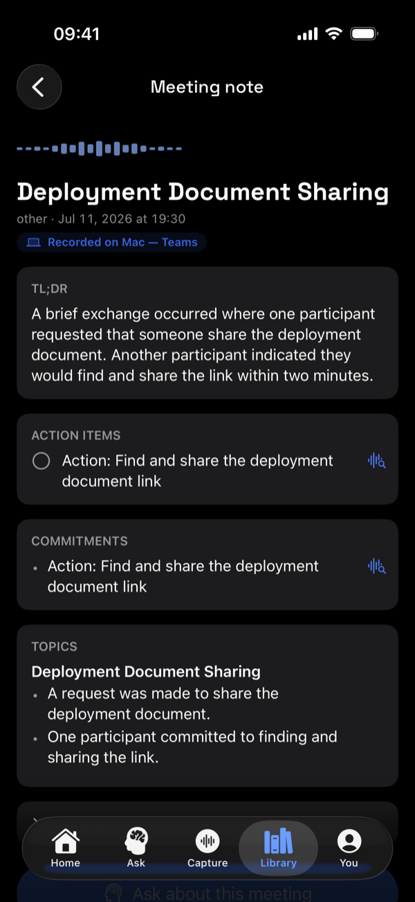 A meeting note on iPhone showing summary, action items, and topics with the source recording attached.