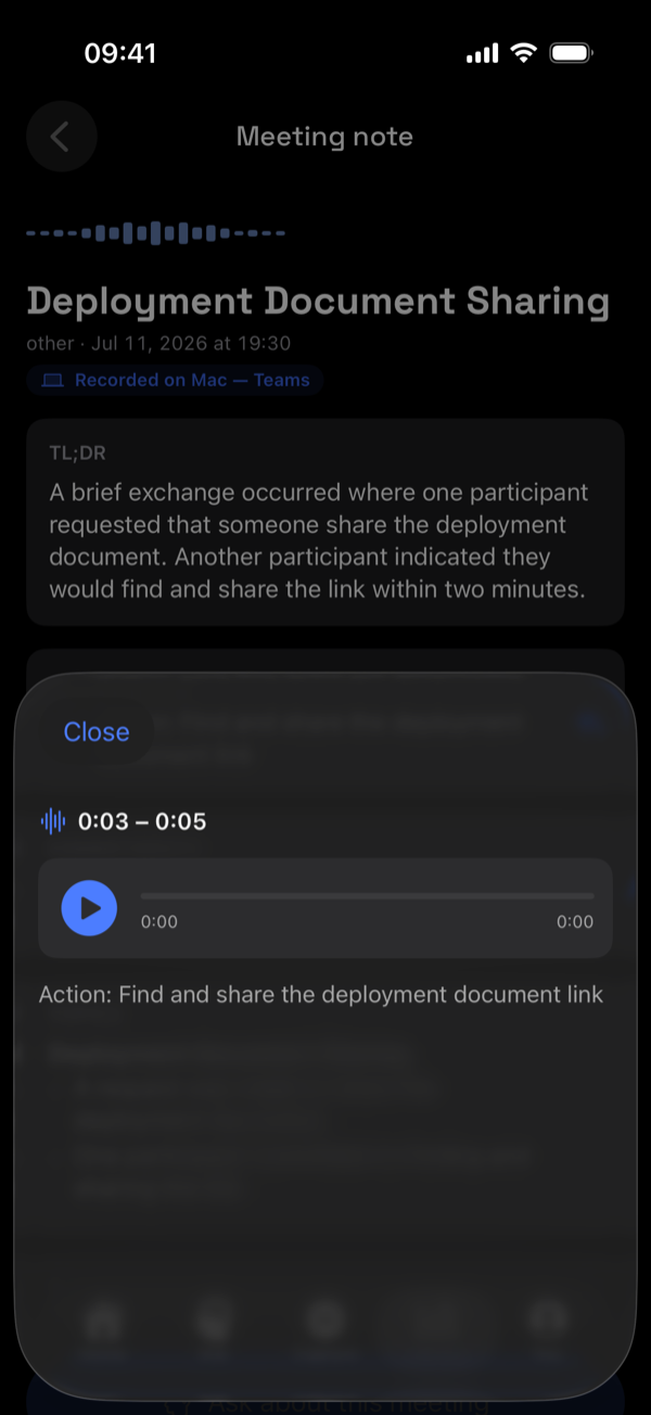 Moment replay on iPhone: a meeting note with an audio player attached to an action item, playing the seconds where it was said.