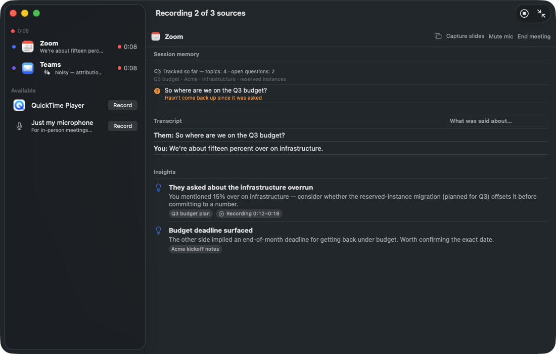 Paredra Sync on a Mac recording Zoom and Teams at the same time, with session memory, a live transcript, and two insight cards citing their sources.