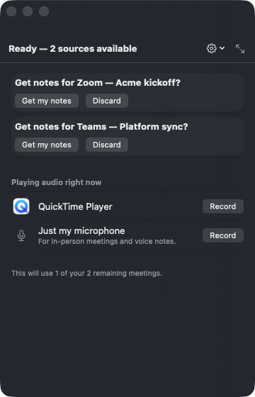The deck after a meeting ends, offering a structured note with summary and action items to accept or discard.