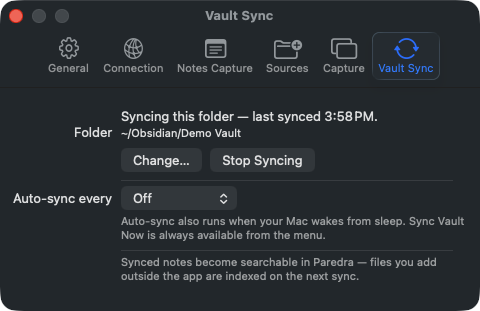 Vault sync settings in Paredra Sync on a Mac showing a local folder receiving plain Markdown notes.