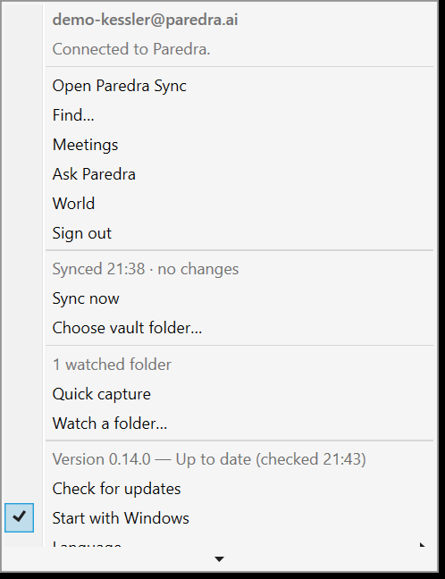 The Windows tray context menu with sync, vault folder, watched folder, and update controls.